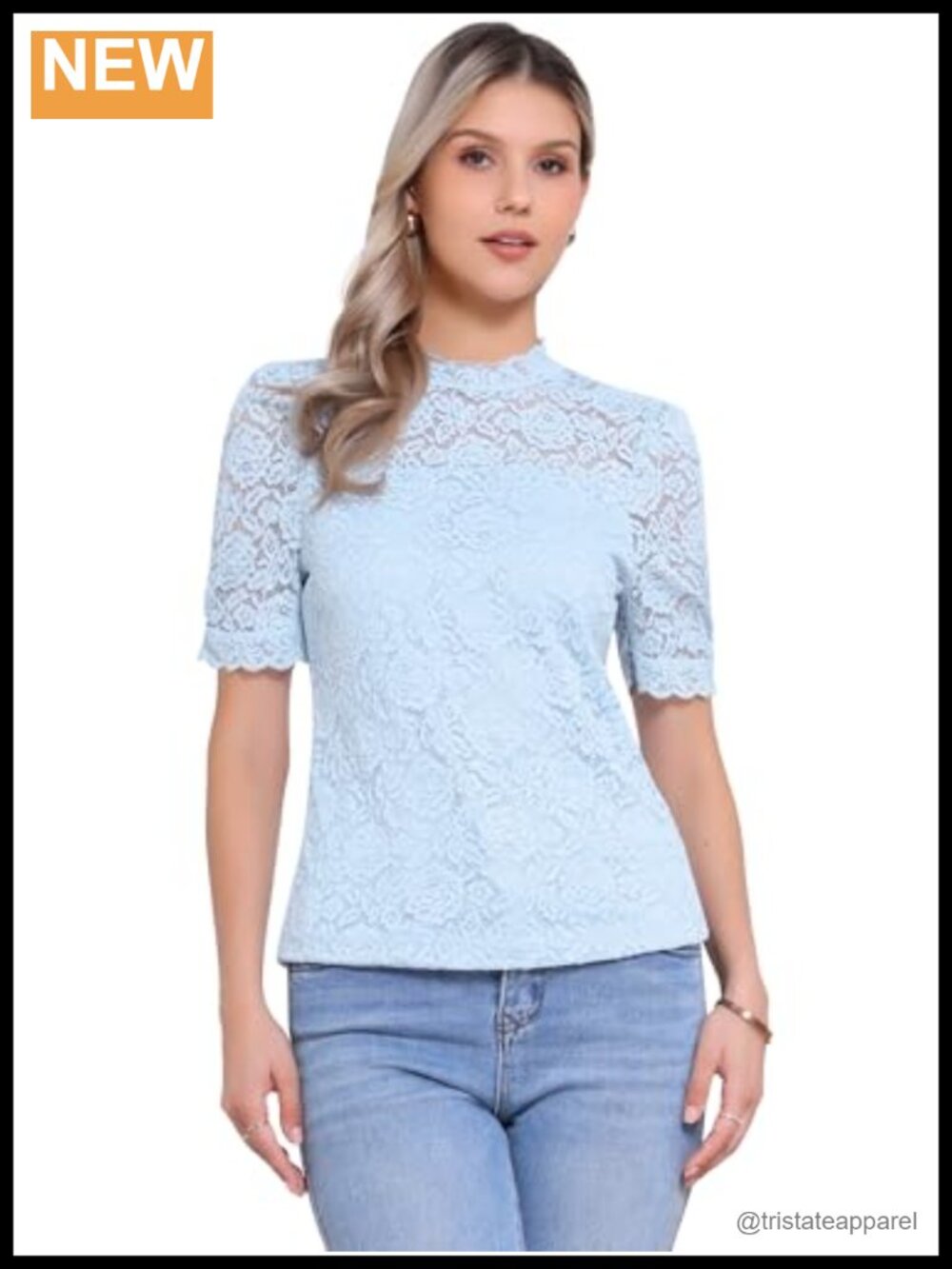 Women's Lace Blouse - Mock Neck Puff Sleeve Floral Top